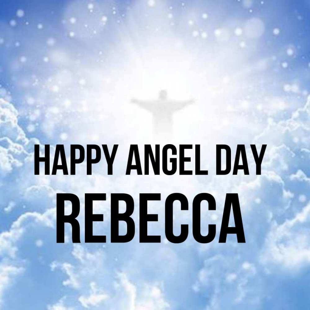 Greetings card с именем, Rebecca happy angel day ангел на облаках в свете солнца Greetings with text for free download 