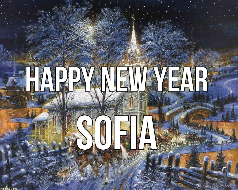 Greetings card с именем, Sofia Happy New Year упряжка лошадей, лошади, новый год Greetings with text for free download 