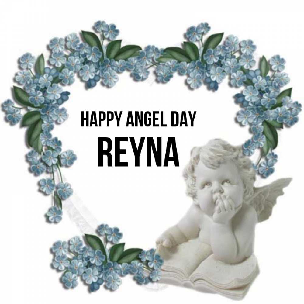 Greetings card с именем, Reyna happy angel day голубые цветы и мраморный ангел Greetings with text for free download 