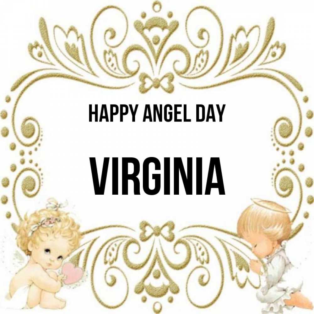 Greetings card с именем, Virginia happy angel day с именинами поздравляют два красивых ангела. Один с сердечком другой молится Greetings with text for free download 