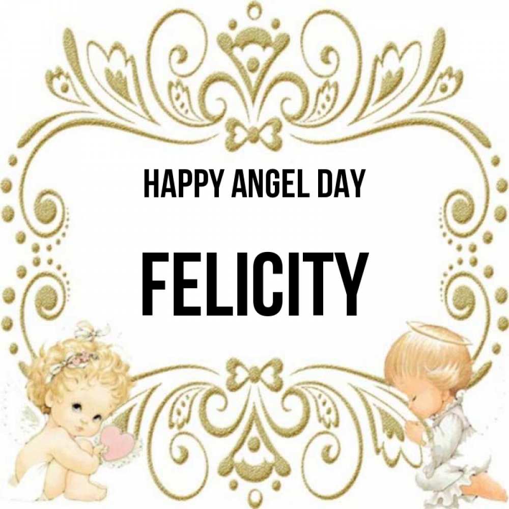 Greetings card с именем, Felicity happy angel day с именинами поздравляют два красивых ангела. Один с сердечком другой молится Greetings with text for free download 