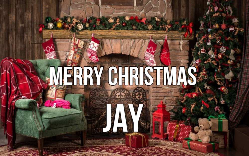 Greetings card с именем, Jay Merry Christmas рождество, камин, ель Greetings with text for free download 