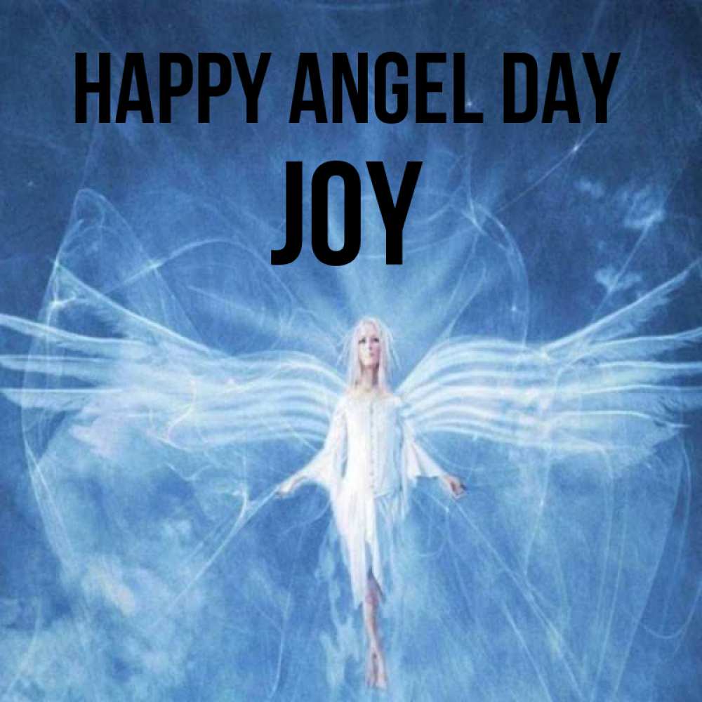 Greetings card с именем, Joy happy angel day голубой фон и крылья как у стрекозы Greetings with text for free download 