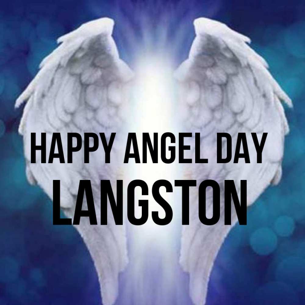 Greetings card с именем, Langston happy angel day синий фон и крылышки Greetings with text for free download 
