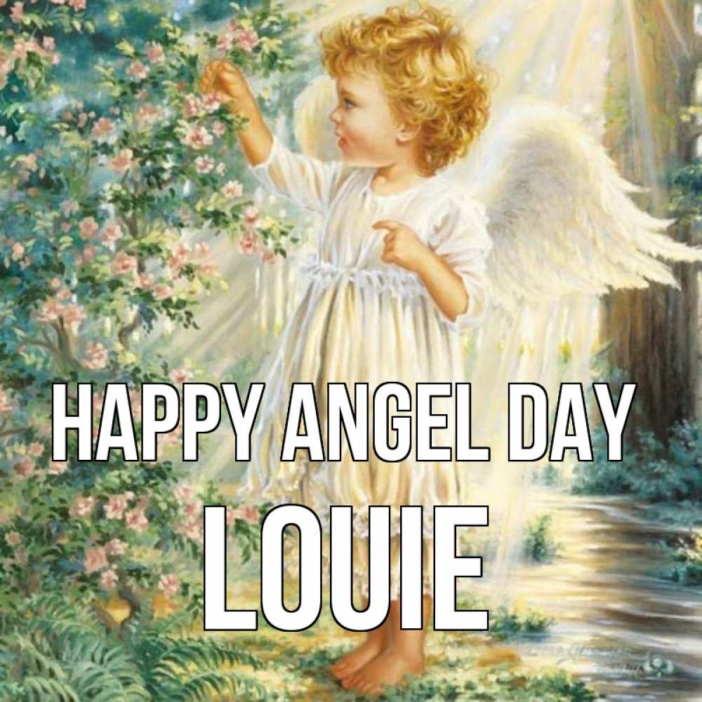 Greetings card с именем, Louie happy angel day собирает цветы Greetings with text for free download 