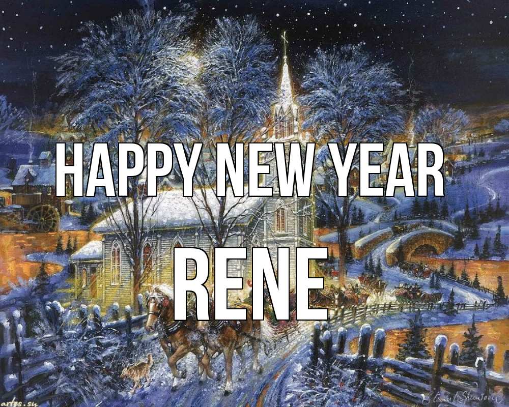 Greetings card с именем, Rene Happy New Year упряжка лошадей, лошади, новый год Greetings with text for free download 