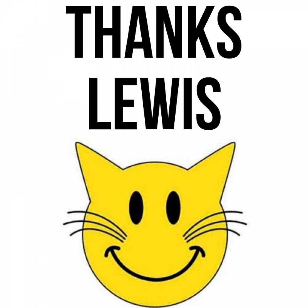 Greetings card с именем, Lewis Thanks улыбающийся смайл кот Greetings with text for free download 