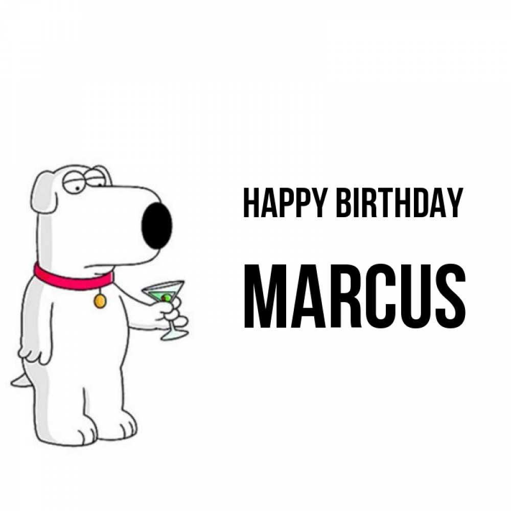 Greetings card с именем, Marcus Happy Birthday песик с оливками Greetings with text for free download 