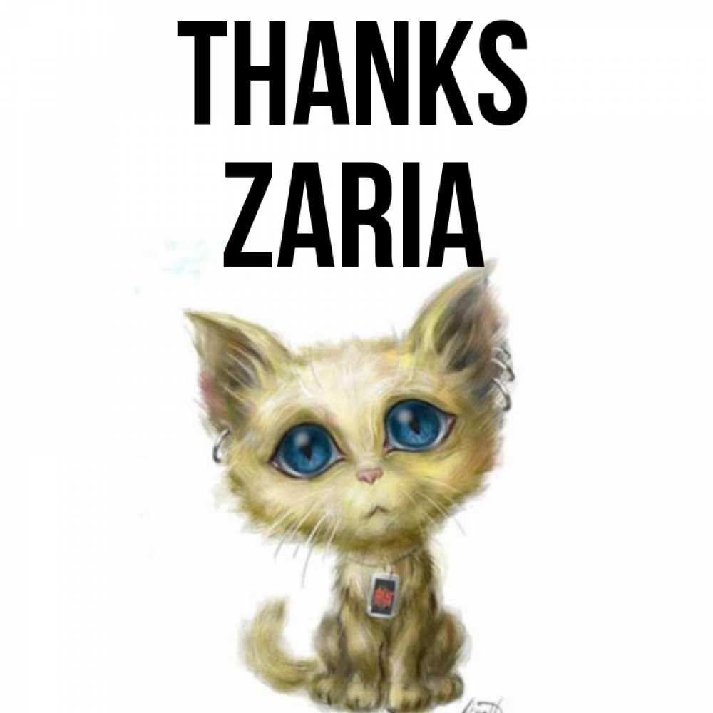 Greetings card с именем, Zaria Thanks рисованный кот благодарит вас Greetings with text for free download 