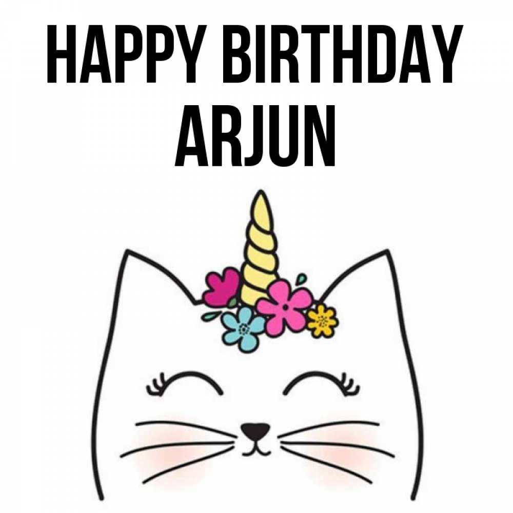 Greetings card с именем, Arjun Happy Birthday милый кот с одним рожком Greetings with text for free download 