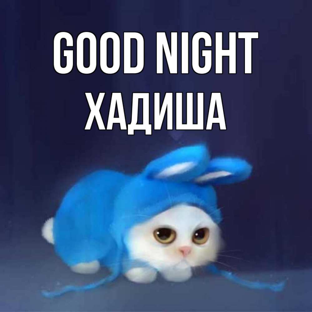 Greetings card с именем, ХАДИША Good night кот в голубом костюме кролика с ушками Greetings with text for free download 