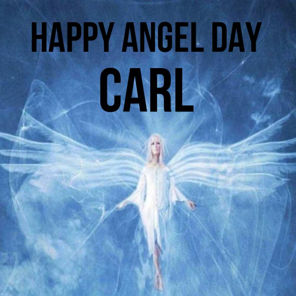 Greetings card с именем, Carl happy angel day голубой фон и крылья как у стрекозы Greetings with text for free download 