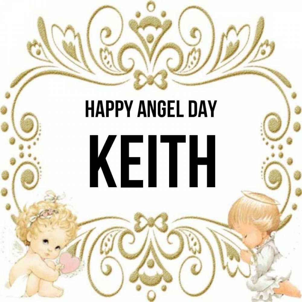 Greetings card с именем, Keith happy angel day с именинами поздравляют два красивых ангела. Один с сердечком другой молится Greetings with text for free download 