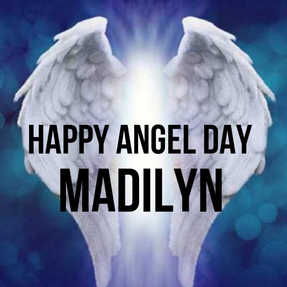 Greetings card с именем, Madilyn happy angel day синий фон и крылышки Greetings with text for free download 