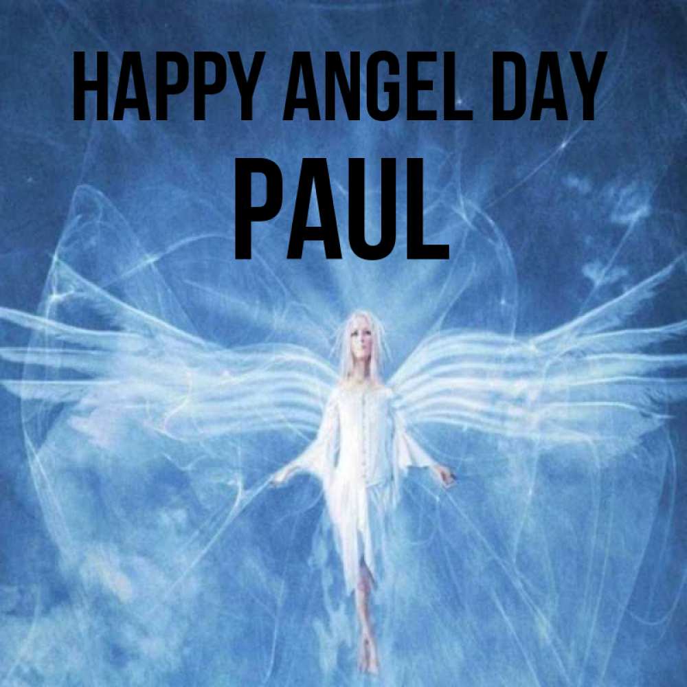 Greetings card с именем, Paul happy angel day голубой фон и крылья как у стрекозы Greetings with text for free download 