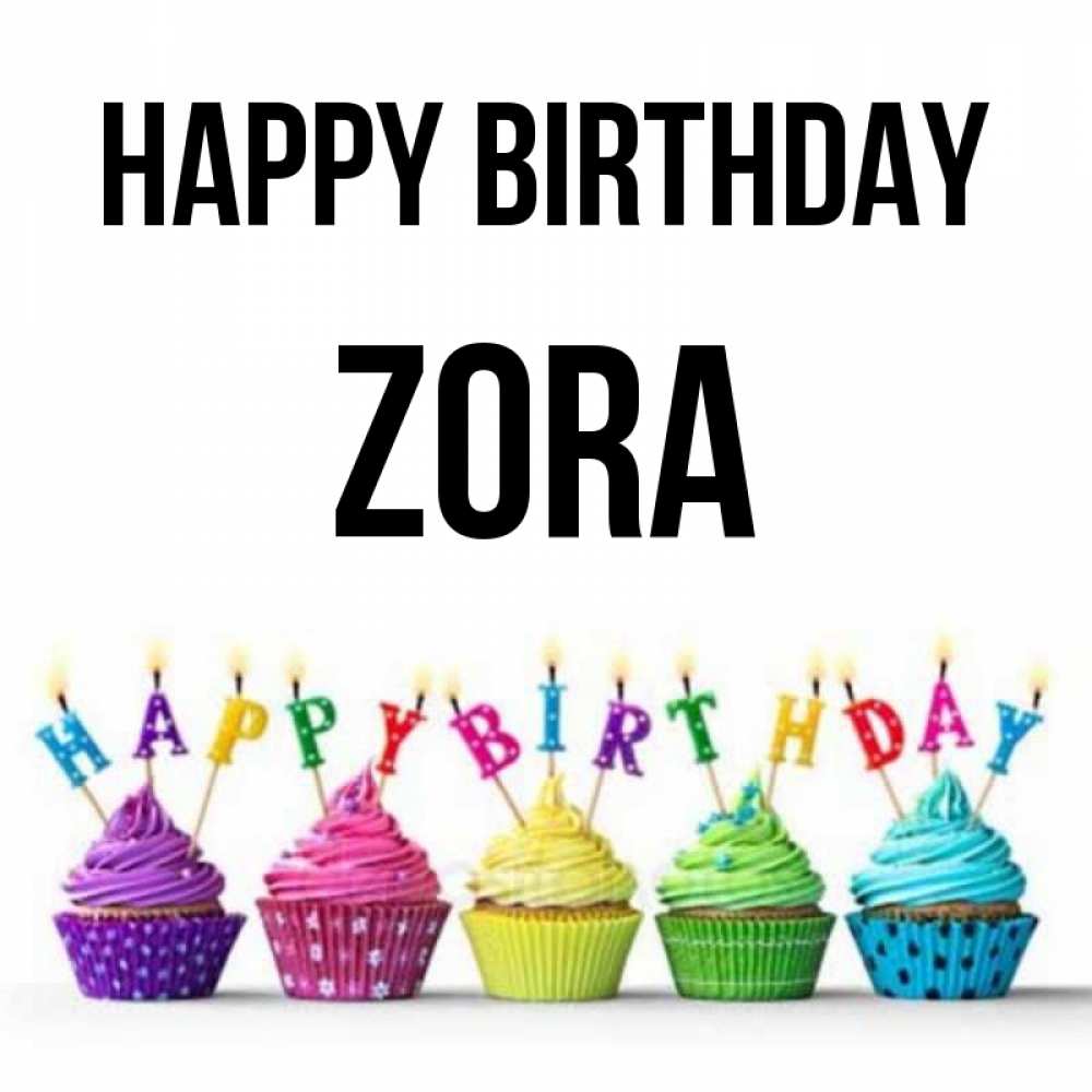 Greetings card с именем, Zora Happy Birthday открытка ко дню рождения с разноцветными вкусняшками Greetings with text for free download 