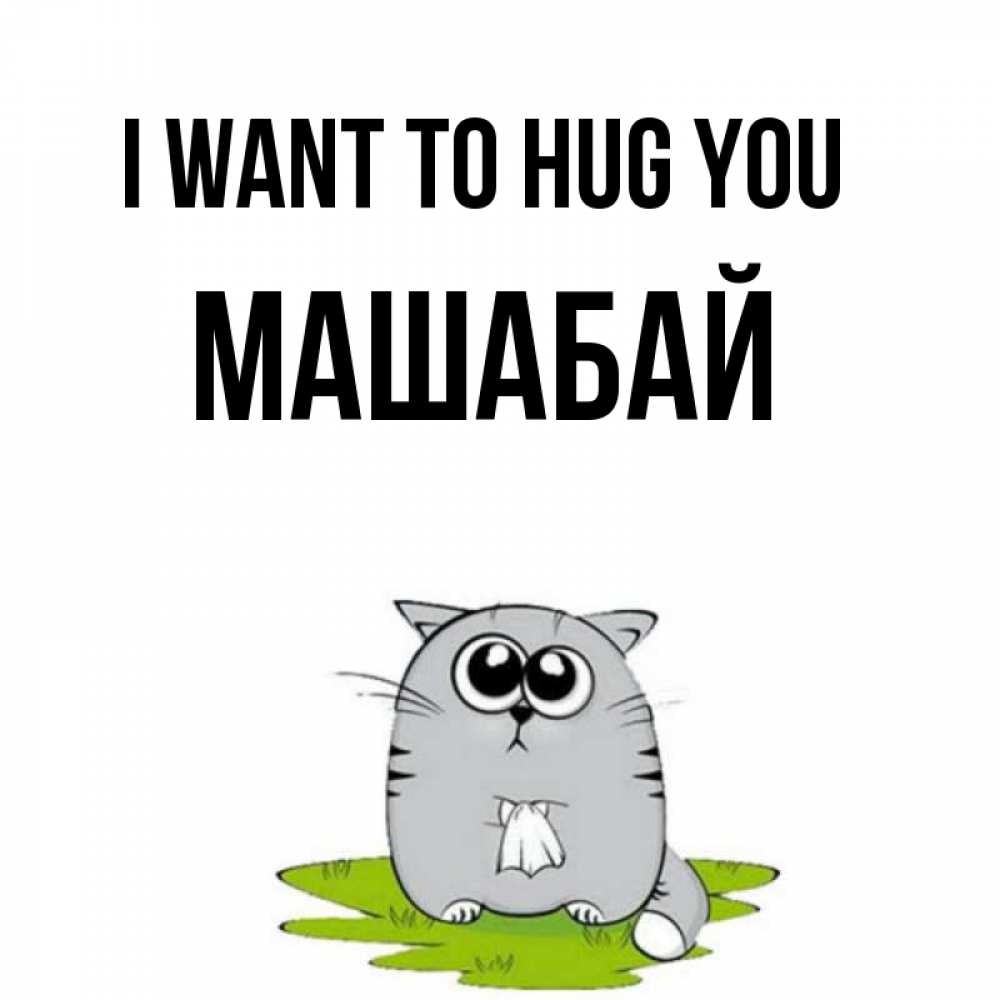 Greetings card с именем, МАШАБАЙ I want to hug you котик теребит платочек сидя на травке Greetings with text for free download 