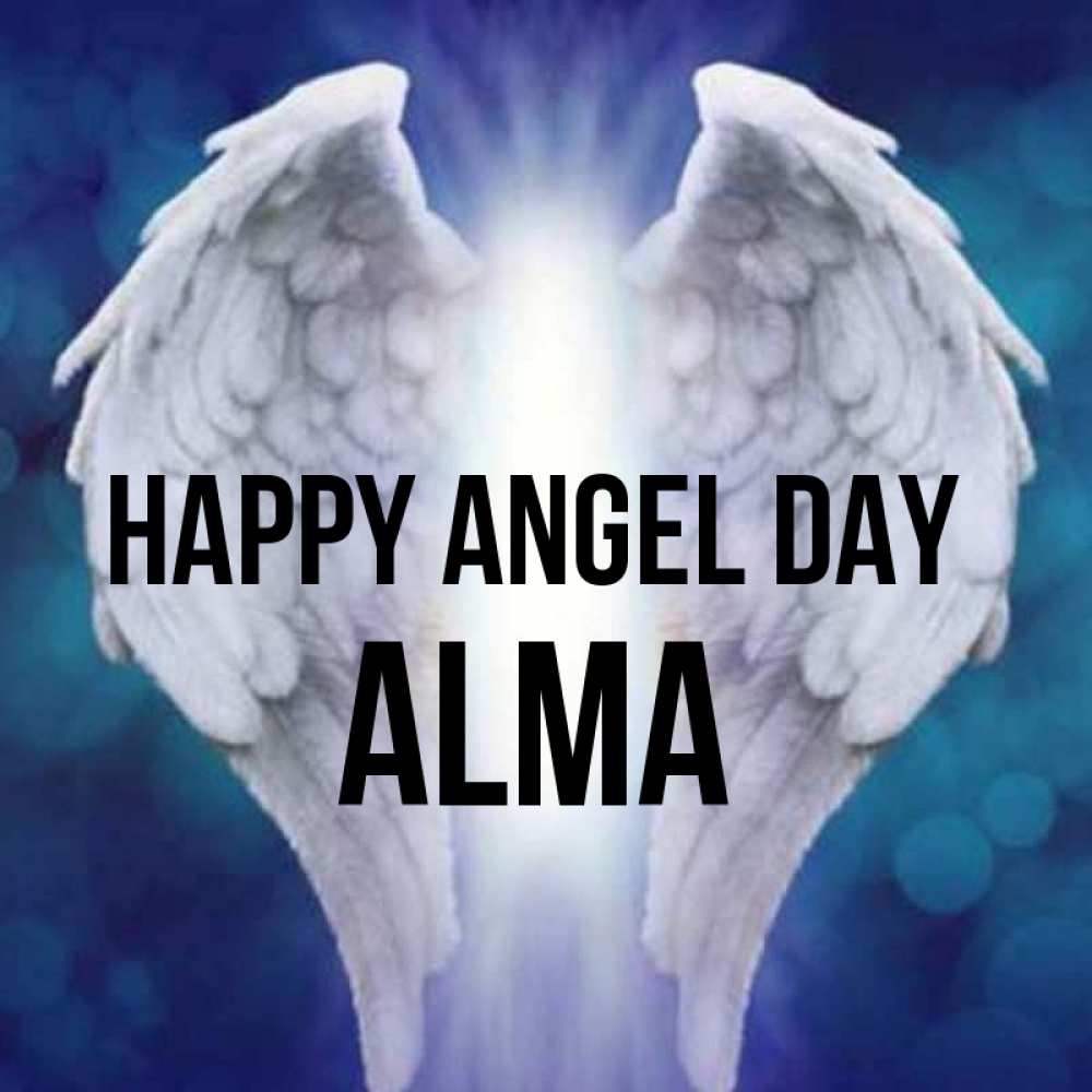 Greetings card с именем, Alma happy angel day синий фон и крылышки Greetings with text for free download 