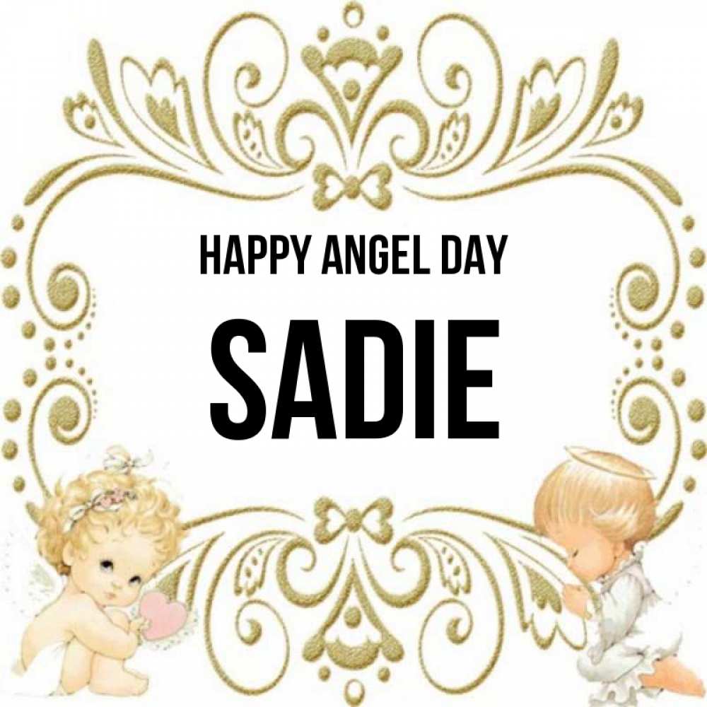 Greetings card с именем, Sadie happy angel day с именинами поздравляют два красивых ангела. Один с сердечком другой молится Greetings with text for free download 