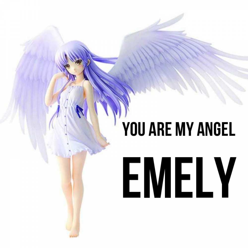 Greetings card с именем, Emely You are my angel девушка ангел с фиолетовыми крыльями Greetings with text for free download 