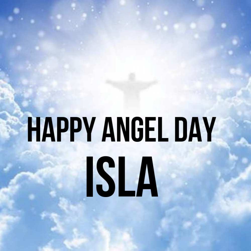 Greetings card с именем, Isla happy angel day ангел на облаках в свете солнца Greetings with text for free download 