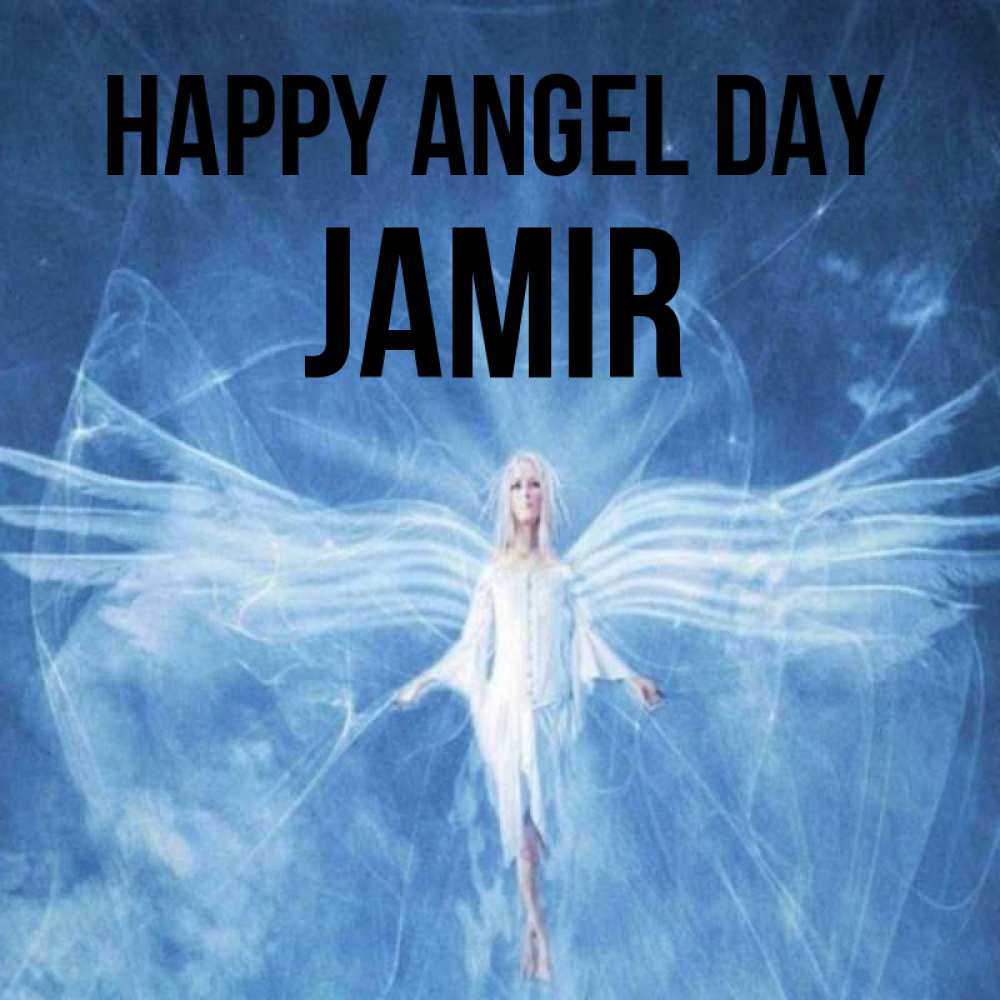 Greetings card с именем, Jamir happy angel day голубой фон и крылья как у стрекозы Greetings with text for free download 