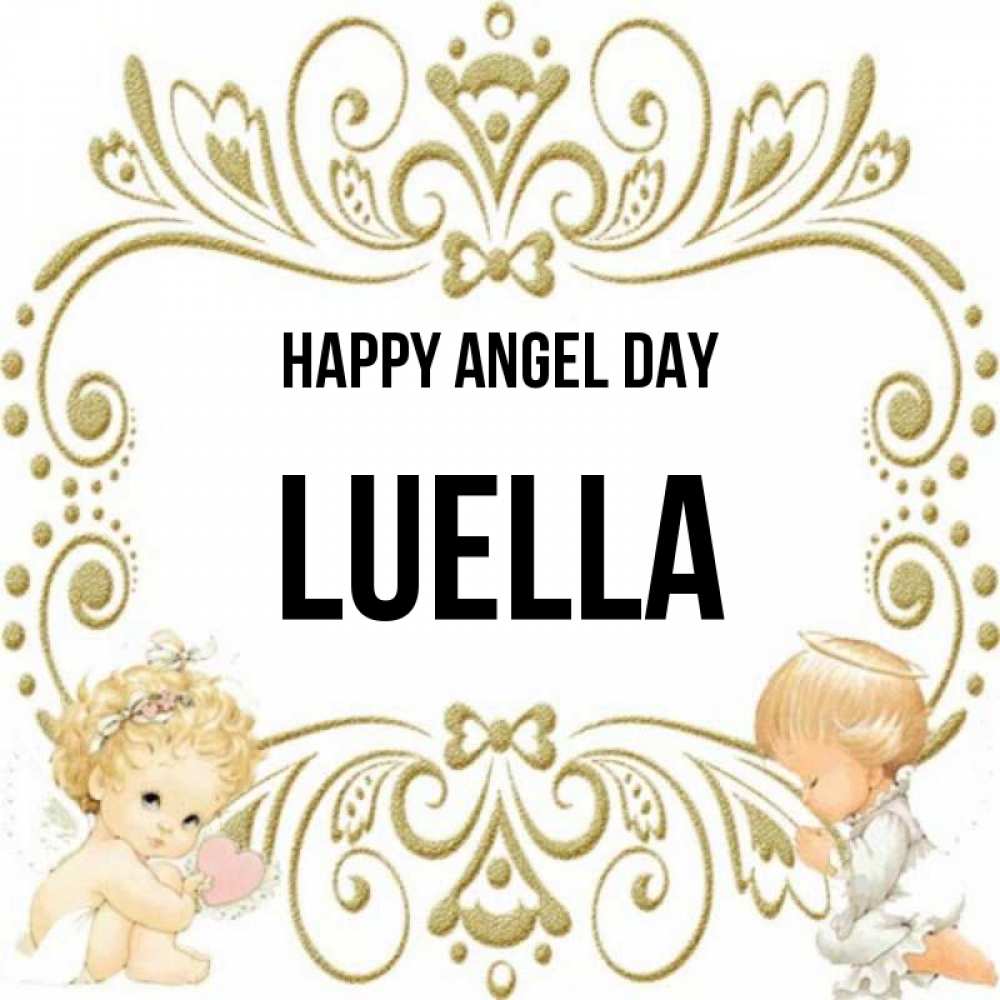 Greetings card с именем, Luella happy angel day с именинами поздравляют два красивых ангела. Один с сердечком другой молится Greetings with text for free download 