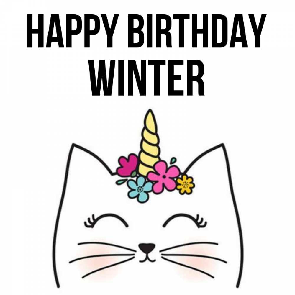 Greetings card с именем, Winter Happy Birthday милый кот с одним рожком Greetings with text for free download 