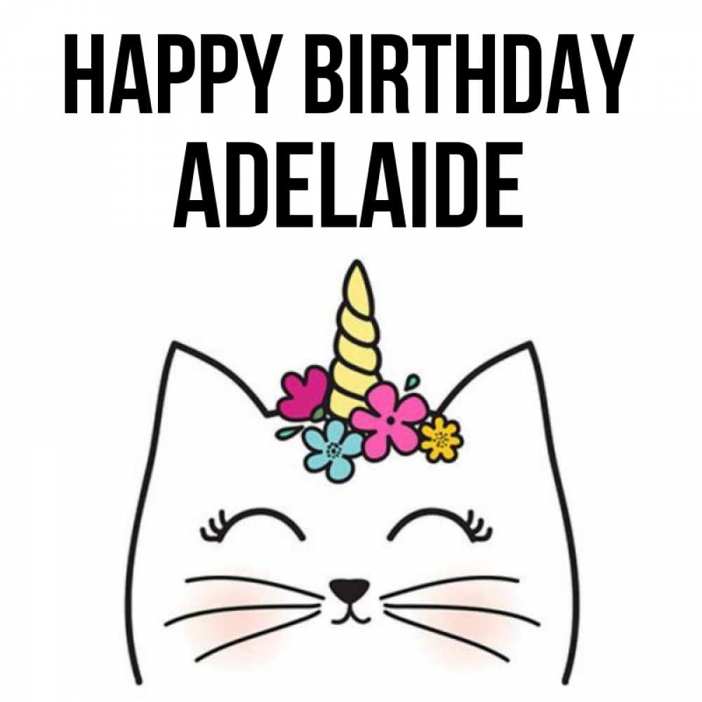 Greetings card с именем, Adelaide Happy Birthday милый кот с одним рожком Greetings with text for free download 