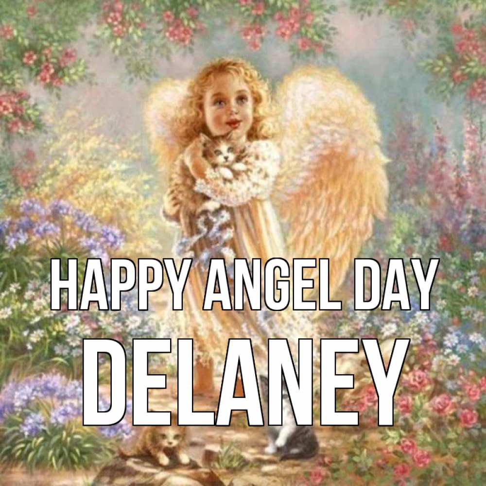 Greetings card с именем, Delaney happy angel day держит котенка Greetings with text for free download 