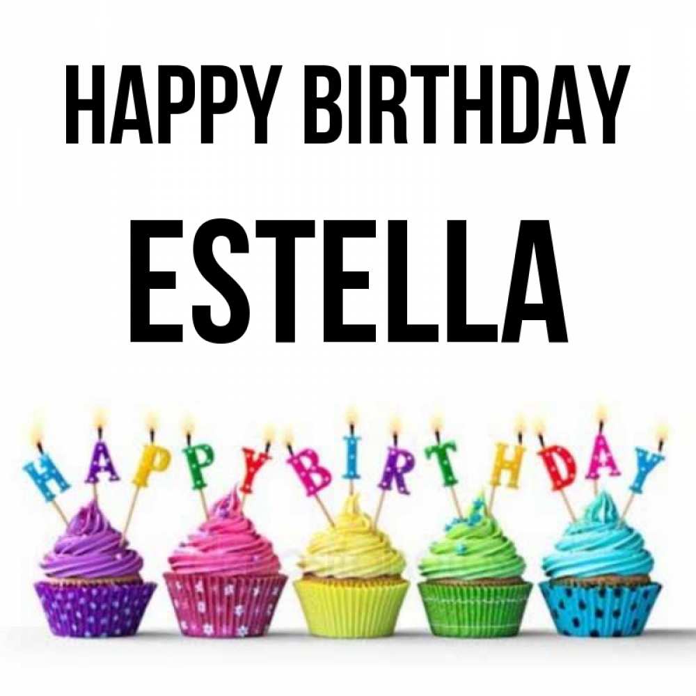 Greetings card с именем, Estella Happy Birthday открытка ко дню рождения с разноцветными вкусняшками Greetings with text for free download 