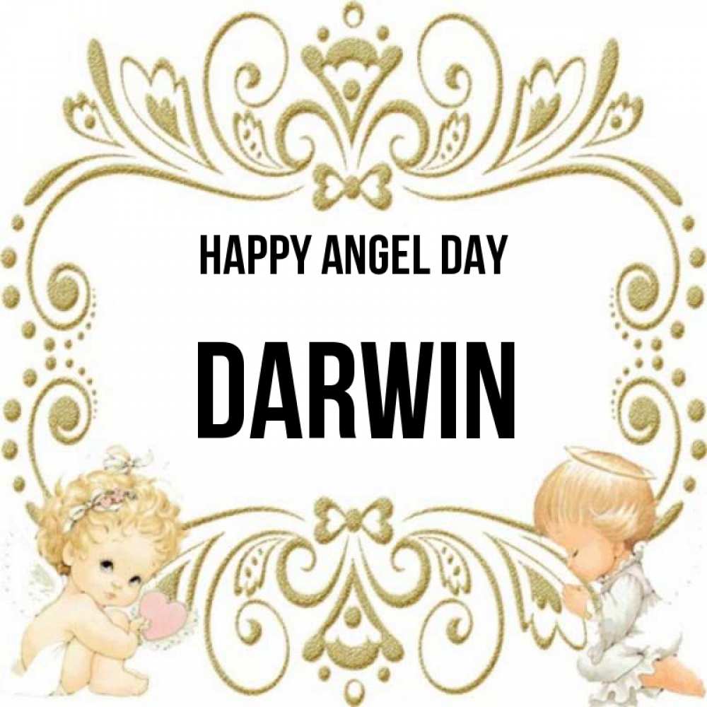 Greetings card с именем, Darwin happy angel day с именинами поздравляют два красивых ангела. Один с сердечком другой молится Greetings with text for free download 