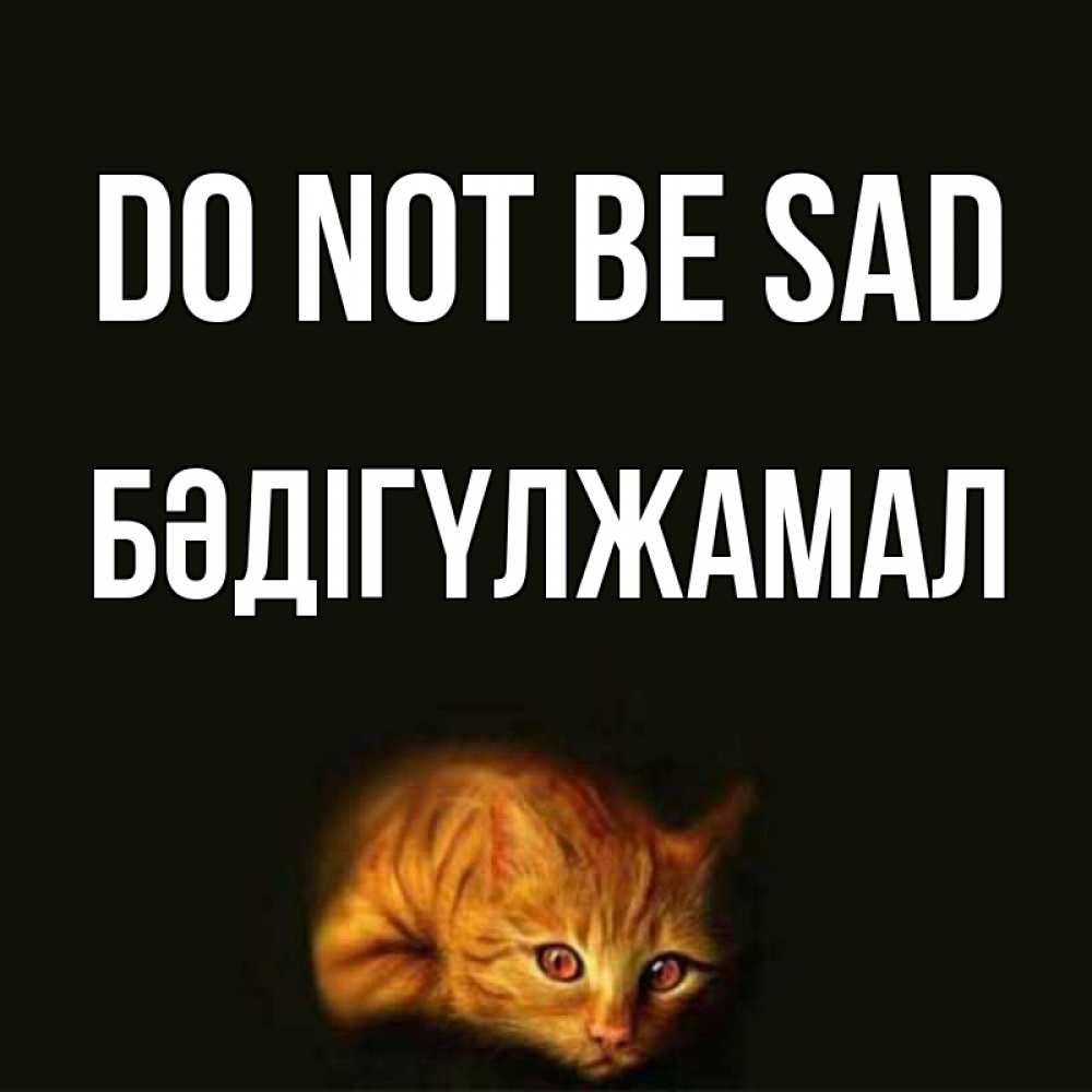 Greetings card с именем, БӘДІГҮЛЖАМАЛ Do not be sad лежащий кот в темноте Greetings with text for free download 