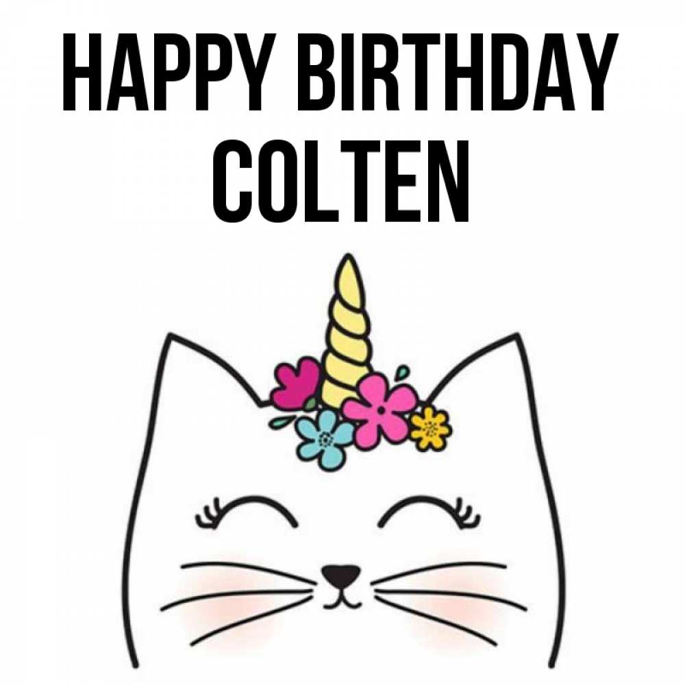 Greetings card с именем, Colten Happy Birthday милый кот с одним рожком Greetings with text for free download 