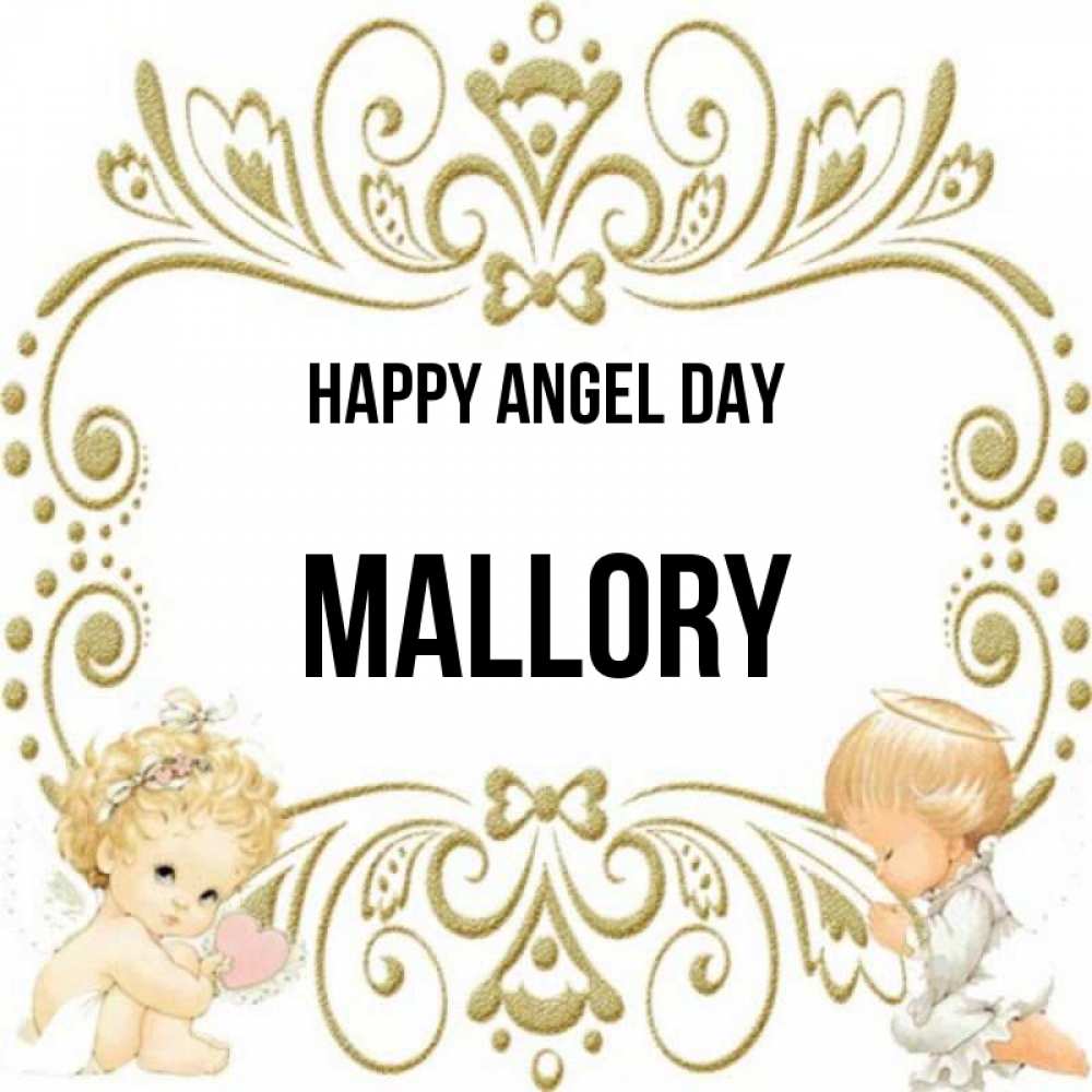 Greetings card с именем, Mallory happy angel day с именинами поздравляют два красивых ангела. Один с сердечком другой молится Greetings with text for free download 