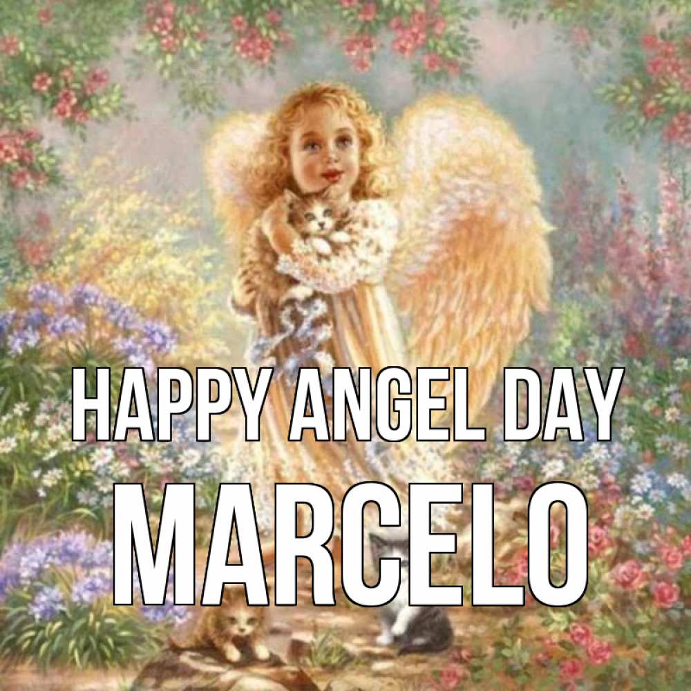 Greetings card с именем, Marcelo happy angel day держит котенка Greetings with text for free download 