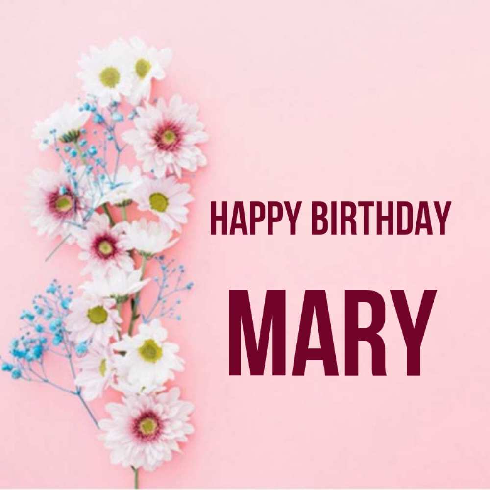 Greetings card с именем, Mary Happy Birthday Родная моя с днем рождения тебя картинка с цветами белыми и голубыми Greetings with text for free download 