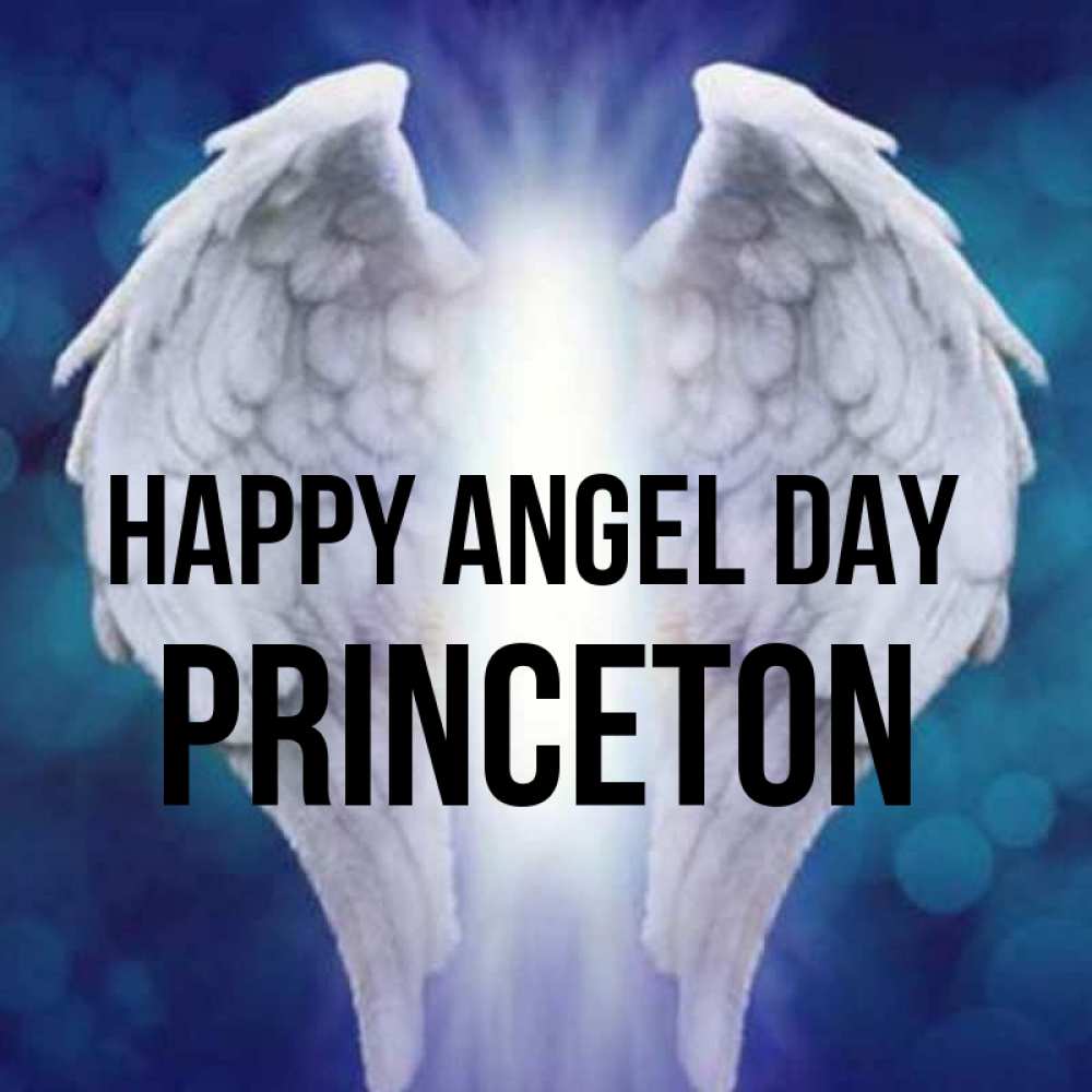 Greetings card с именем, Princeton happy angel day синий фон и крылышки Greetings with text for free download 