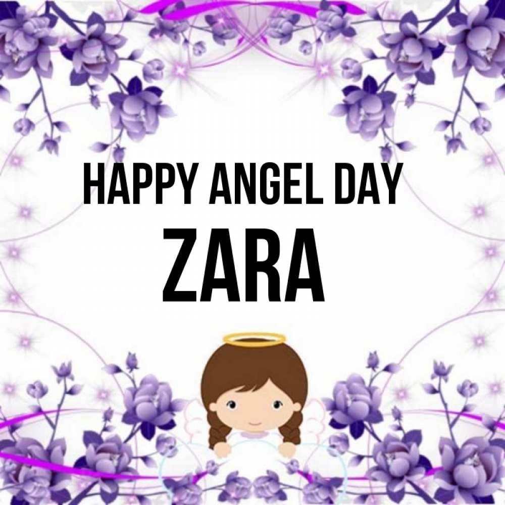 Greetings card с именем, Zara happy angel day с именинами в рамочке Greetings with text for free download 