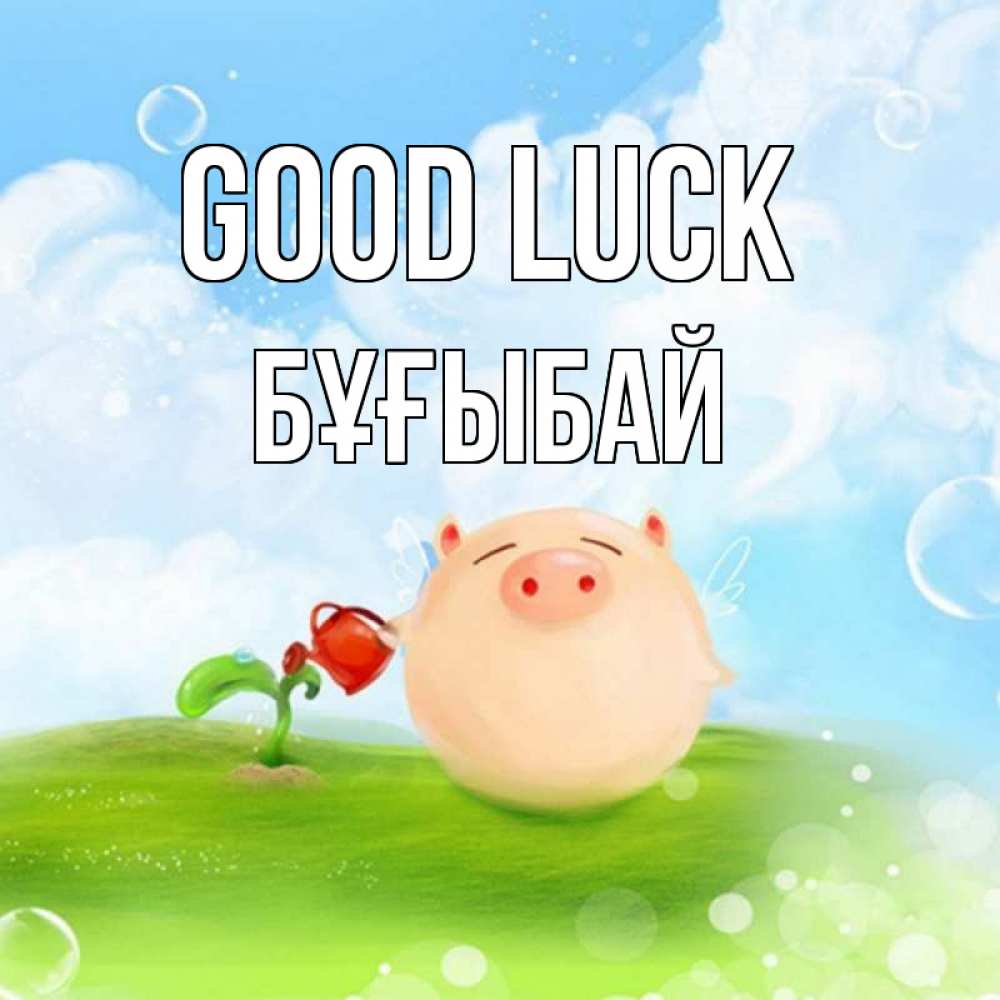 Greetings card с именем, Бұғыбай Good luck поросенок поливает цветок. летнее настроение Greetings with text for free download 