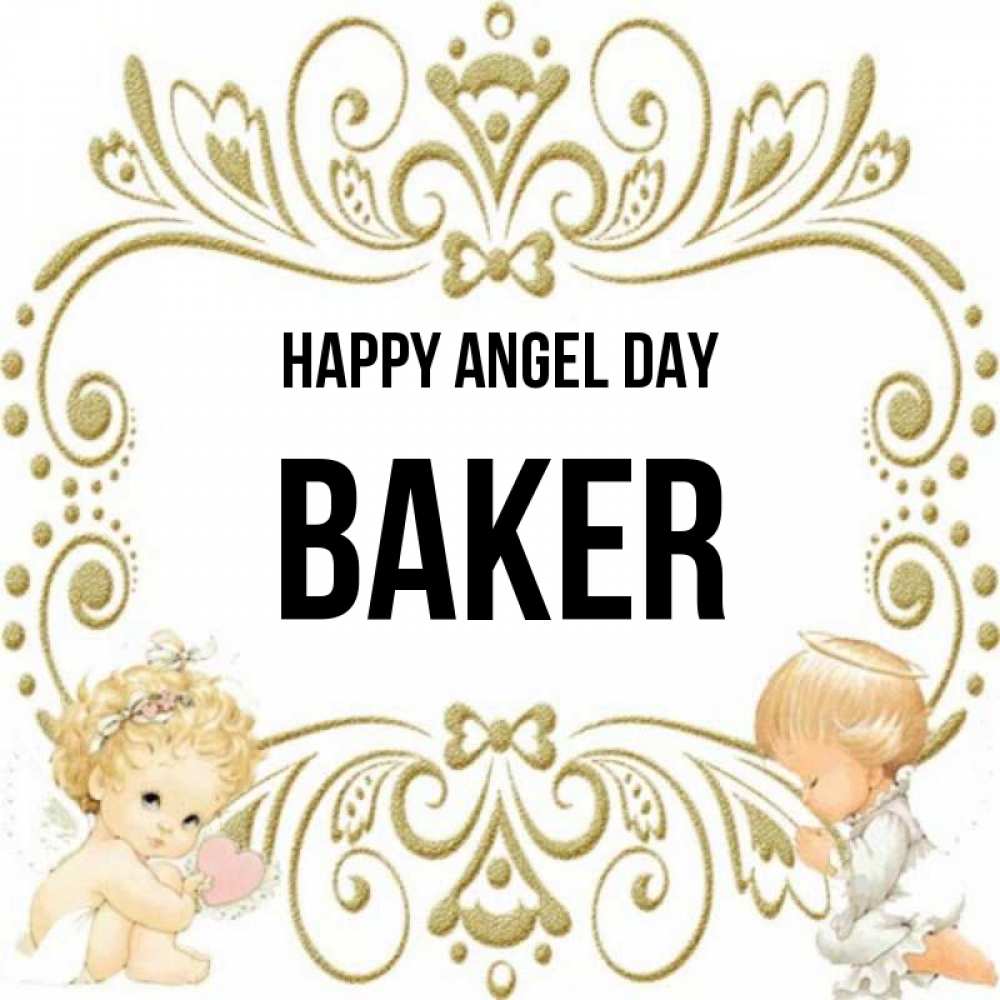 Greetings card с именем, Baker happy angel day с именинами поздравляют два красивых ангела. Один с сердечком другой молится Greetings with text for free download 