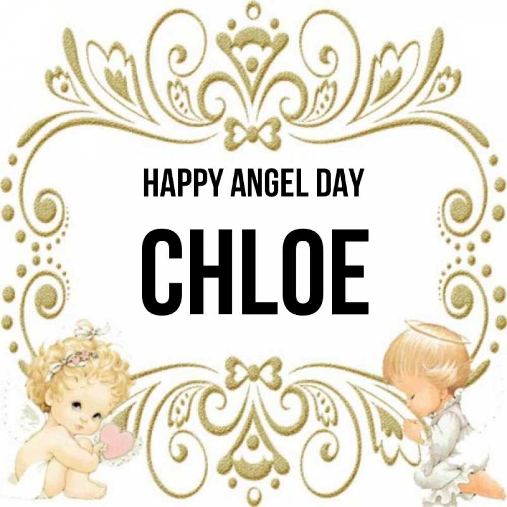 Greetings card с именем, Chloe happy angel day с именинами поздравляют два красивых ангела. Один с сердечком другой молится Greetings with text for free download 