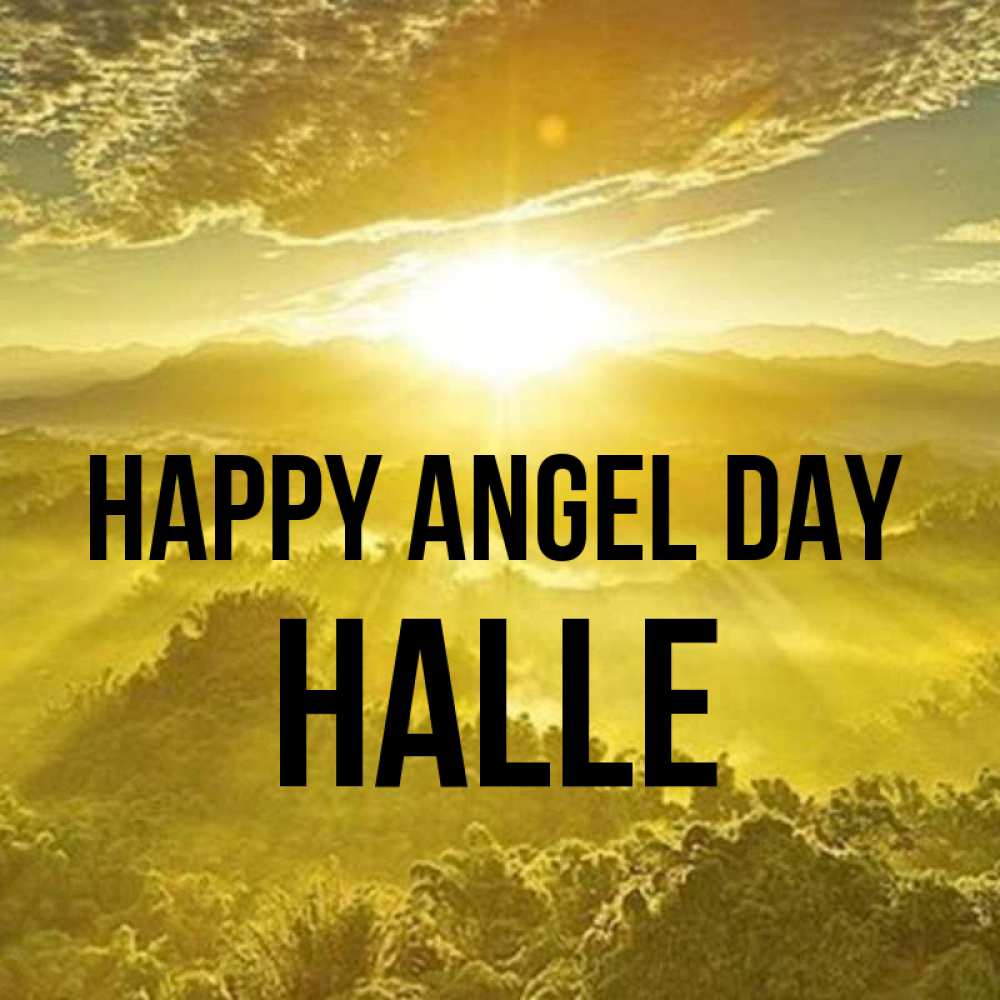 Greetings card с именем, Halle happy angel day леса и небо в желтом Greetings with text for free download 