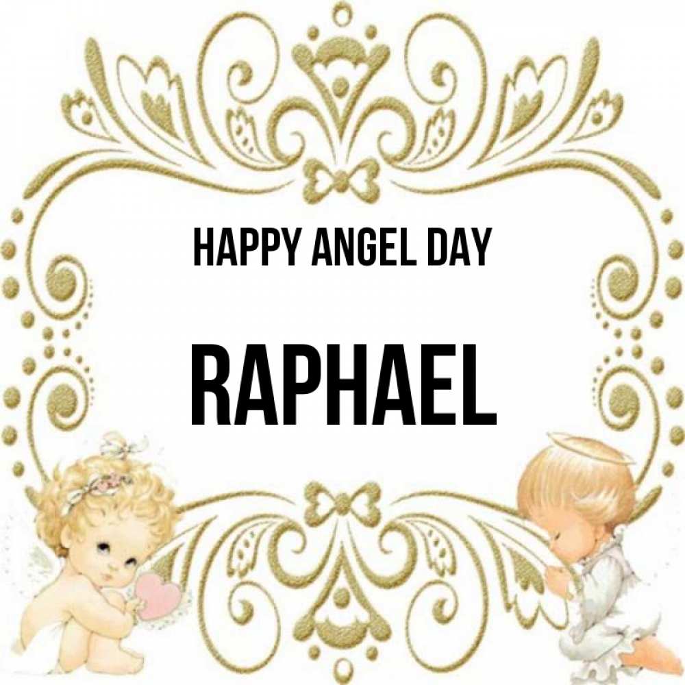 Greetings card с именем, Raphael happy angel day с именинами поздравляют два красивых ангела. Один с сердечком другой молится Greetings with text for free download 