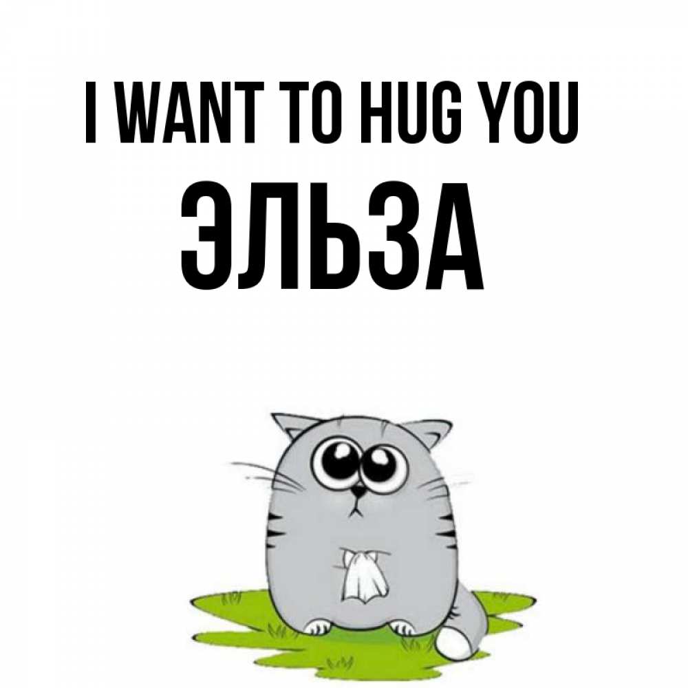 Greetings card с именем, Эльза I want to hug you котик теребит платочек сидя на травке Greetings with text for free download 