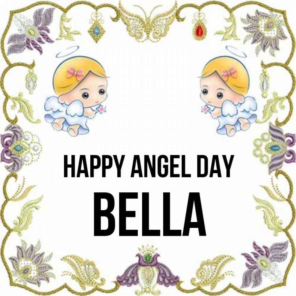 Greetings card с именем, Bella happy angel day маленькие ангелы с крылышками Greetings with text for free download 