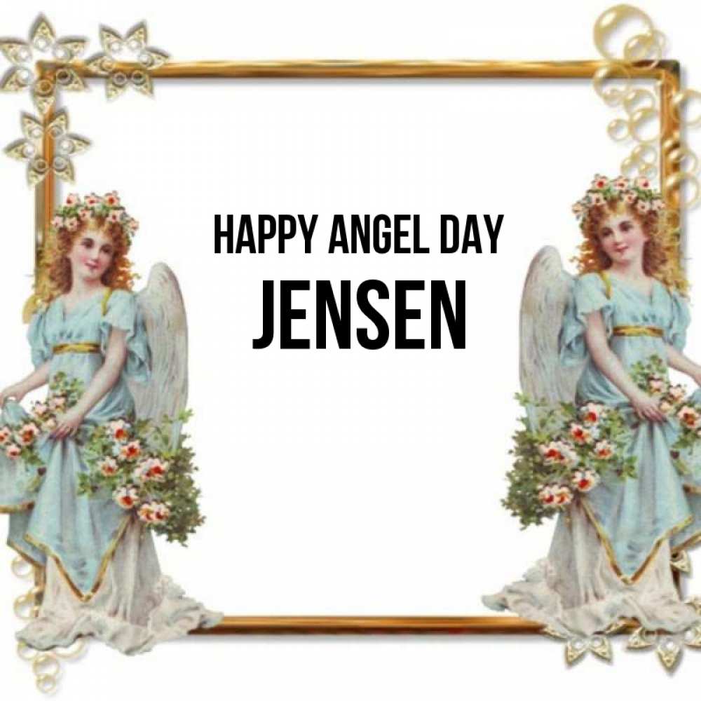 Greetings card с именем, Jensen happy angel day рамочка из золота и ангелы Greetings with text for free download 