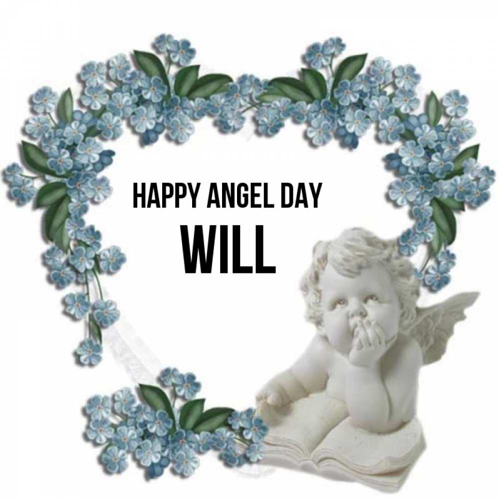 Greetings card с именем, Will happy angel day голубые цветы и мраморный ангел Greetings with text for free download 
