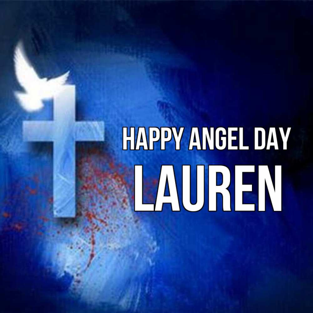 Greetings card с именем, Lauren happy angel day Синий фон и птица Greetings with text for free download 