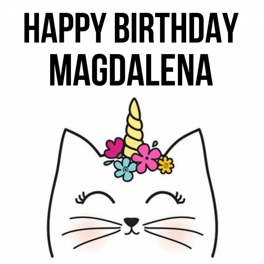 Greetings card с именем, Magdalena Happy Birthday милый кот с одним рожком Greetings with text for free download 